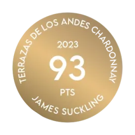 Medalla por premio al Terrazas de los Andes Reserva Chardonnay 2023 de James Suckling 93 puntos por nuestro increible vino blanco de altura proveniente de Mendoza, Argentina