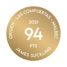 Medalla recibida por el Terrazas de los Andes Origen Malbec Las Compuertas 2021 por parte de James Suckling, quien otorgó 94 puntos a nuestro destacado vino tinto de altura, de Mendoza, Argentina