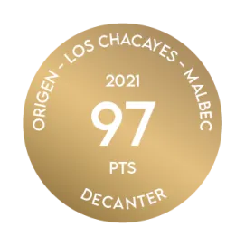 Medalla recibida por el Terrazas de los Andes Origen Malbec Los Chacayes 2021 por parte de Decanter, quien otorgó 97 puntos a nuestro destacado vino tinto de altura, de Mendoza, Argentina