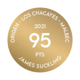 Medalla recibida por el Terrazas de los Andes Origen Malbec Los Chacayes 2021 por parte de James Suckling, quien otorgó 95 puntos a nuestro destacado vino tinto de altura, de Mendoza, Argentina