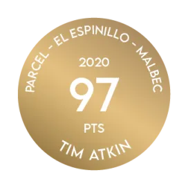 Medalla recibida por el Terrazas de los Andes Parcel El Espinillo Malbec 2020 por parte de Tim Atkin, quien otorgó 96 puntos a nuestro destacado vino tinto de altura, de Mendoza, Argentina