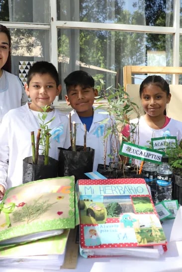 A touching image of elementary students alongside their teacher, proudly presenting the project they have developed as part of the educational program 'Mi Árbol, Mi Escuela y Yo,' sponsored by Terrazas de los Andes. A testimony to the educational community's commitment to nature and sustainable education.