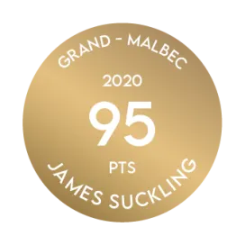 Award medal of Terrazas de los Andes Grand Malbec 2020 from James Suckling 95 points for our outstanding red high-altitude wine from Mendoza Argentina
