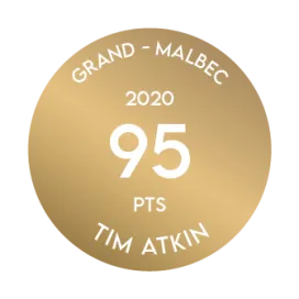 Medalla recibida por el Terrazas de los Andes Grand Malbec 2020 por parte de Tim Atkin, que otorgó 95 puntos a nuestro destacado vino tinto de altura, de Mendoza, Argentina
