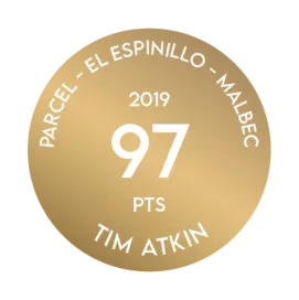 Medalla recibida por el Terrazas de los Andes ReservaEl Espinillo Malbec 2019 por parte de Tim Atkin, quien otorgó 97 puntos a nuestro destacado vino tinto de altura, de Mendoza, Argentina