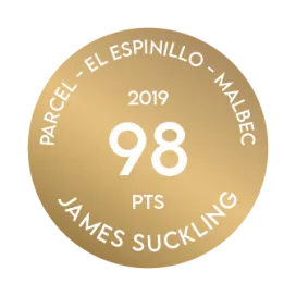 Medalha de premiação recebida por Terrazas de los Andes ReservaEl Espinillo Malbec 2019 de James Suckling, que concedeu 98 pontos ao nosso excelente vinho tinto de altitude, de Mendoza, Argentina
