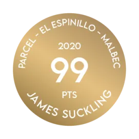 Award medal of Terrazas de los Andes Parcel El Espinillo malbec 2020 from James Suckling 99 points for our outstanding red high-altitude wine from Mendoza Argentina