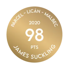 Award medal of Terrazas de los Andes Parcel Lican malbec 2020 from James Suckling 98 points for our outstanding red high-altitude wine from Mendoza Argentina