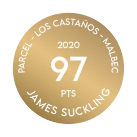 Medalha de premiação recebida por Terrazas de los Andes Parcel Los Castaños Malbec 2020 de James Stucking, que concedeu 97 pontos ao nosso excelente vinho tinto de altitude, de Mendoza, Argentina