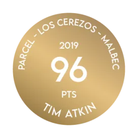 Medalla recibida por el Terrazas de los Andes Parcel Los Cerezos Malbec 2019 por parte de Tim Atkins, quien otorgó 96 puntos a nuestro destacado vino tinto de altura, de Mendoza, Argentina