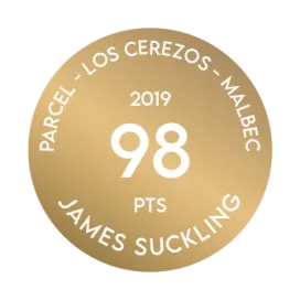 Medalha de premiação recebida por Terrazas de los Andes Parcel Los Cerezos Malbec 2019 de James Stucking, que concedeu 98 pontos ao nosso excelente vinho tinto de altitude, de Mendoza, Argentina