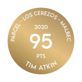 Medalla recibida por el Terrazas de los Andes Parcel Los Cerezos Malbec 2020 por parte de Tim Atkins, quien otorgó 95 puntos a nuestro destacado vino tinto de altura, de Mendoza, Argentina