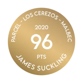 Medalla recibida por el Terrazas de los Andes Parcel Los Cerezos Malbec 2020 por parte de James Suckling, quien otorgó 96 puntos a nuestro destacado vino tinto de altura, de Mendoza, Argentina