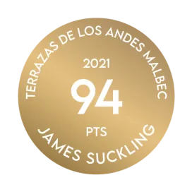Award medal of Terrazas de los Andes Malbec 2021 from James Suckling 94 points for our outstanding red high-altitude wine from Mendoza Argentina