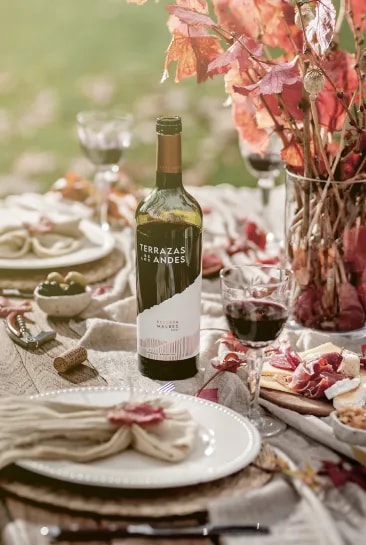 Uma garrafa de vinho tinto Malbec argentino com taças torcendo em torno de uma mesa com comida