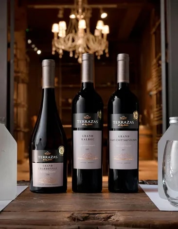Três vinhos sobre uma mesa em uma vinícola de vinhos argentinos Terrazas de los Andes