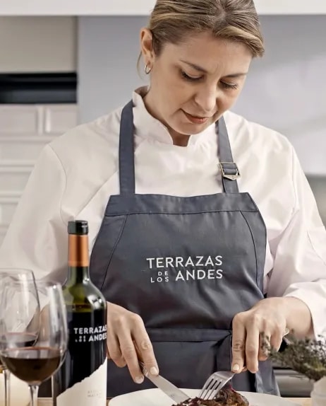 a woman eating a steak and enjoying a delicous red wine of Terrazas de los Andes, Mendoza, Argentina