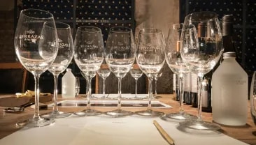 Sete vinhos sobre uma mesa em uma vinícola de vinhos argentinos Terrazas de los Andes