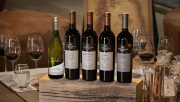  Five wines standing on a table at the interior of a winery of Terrazas de los Andes argentina wine