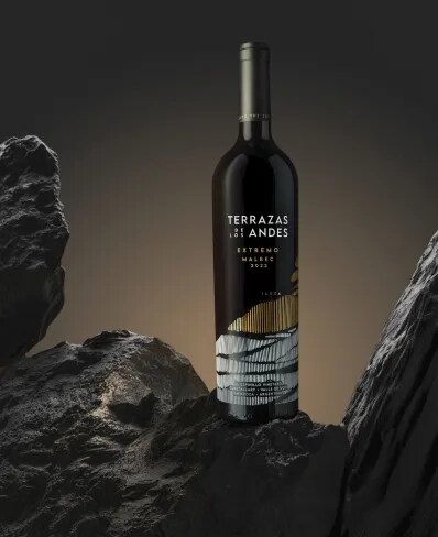 Bottle of Terrazas de los Andes Extremo Malbec 2022 high altitude red wine over the Andes mountains in Mendoza, Argentina