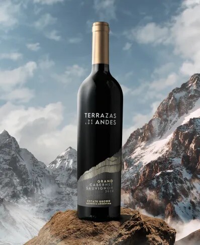 Bottle of Terrazas de los Andes Grand Cabernet Sauvignon 2022 high altitude red wine over the Andes mountains in Mendoza, Argentina