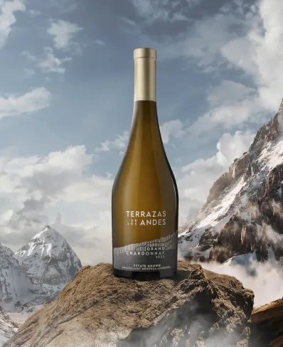 Botella de vino blanco de altura Terrazas de los Andes Grand Chardonnay 2023 sobre las montañas de los Andes en Mendoza, Argentina