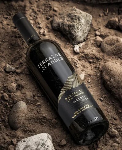 Botella de vino tinto de altura Terrazas de los Andes Parcel Lican Malbec 2020 sobre las montañas de los Andes en Mendoza, Argentina