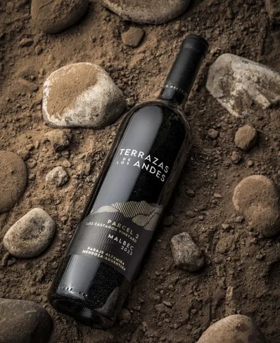 Botella de vino tinto de altura Terrazas de los Andes Parcel Los Castaños Malbec 2022 sobre las montañas de Los Andes en Mendoza, Argentina