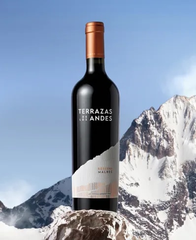 Bottle of Terrazas de los Andes Reserva Malbec 2024 high altitude red wine over the Andes mountains in Mendoza, Argentina