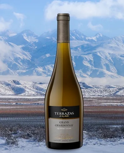 Botella de vino blanco de altura Terrazas de los Andes Grand Chardonnay 2022 sobre las montañas de los Andes en Mendoza, Argentina
