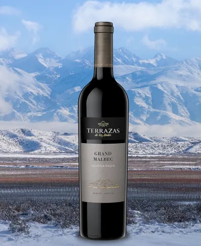 Botella de vino tinto de altura Terrazas de los Andes Grand Malbec 2020 sobre las montañas de los Andes en Mendoza, Argentina