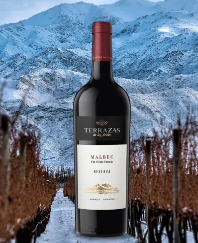 Botella de vino tinto Reserva Malbec Terrazas de los Andes frente a las montañas de los Andes en Mendoza Argentina