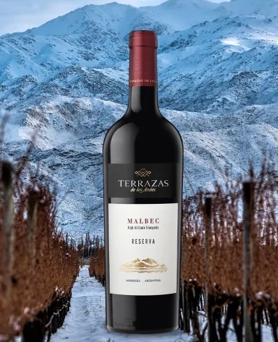 Botella de vino tinto Reserva Malbec Terrazas de los Andes frente a las montañas de los Andes en Mendoza Argentina