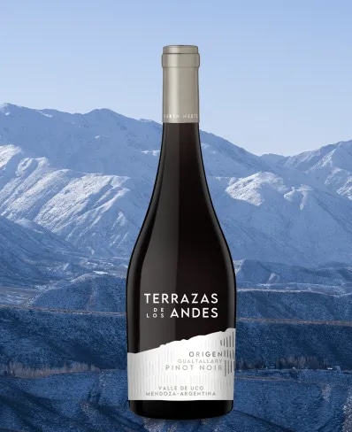 Botella de vino tinto de altura Terrazas de los Andes Origen Gualtallary Pinot Noir 2021 sobre las montañas de los Andes en Mendoza, Argentina