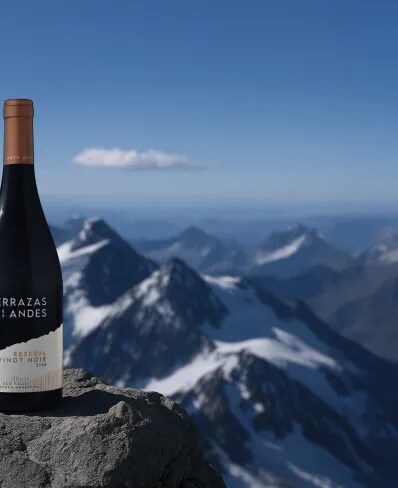 Botella de vino tinto de altura Terrazas de los Andes Reserva Pinot Noir 2024 sobre las montañas de los Andes en Mendoza, Argentina