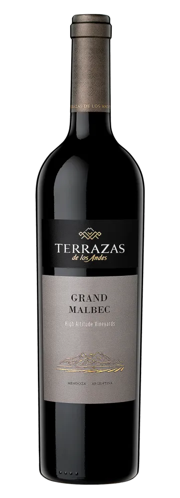 Bottle of Terrazas de los Andes Grand Malbec 2021 high altitude red mountain wine from Mendoza, Argentina