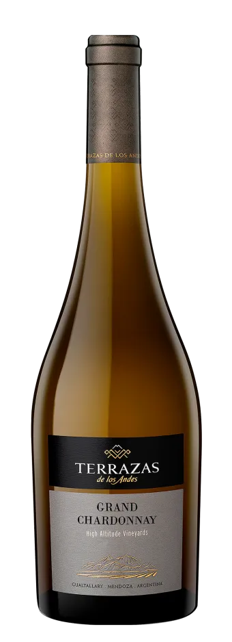 Garrafa de Terrazas de los Andes Grand Chardonnay 2021, vinho branco de altitude e de montanha, originário de Mendoza, Argentina.
