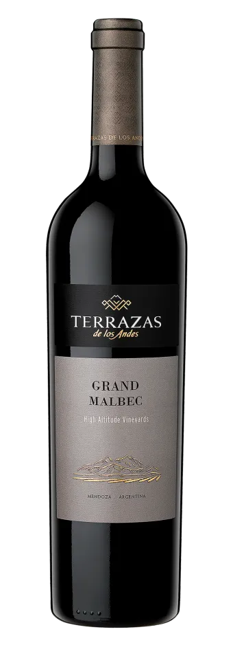 Bottle of Terrazas de los Andes Grand Malbec 2020 high altitude red mountain wine from Mendoza, Argentina